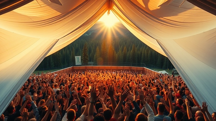 A vibrant revival scene under a white tent with joyous worshippers reaching towards the sky, embodying the voice of God.