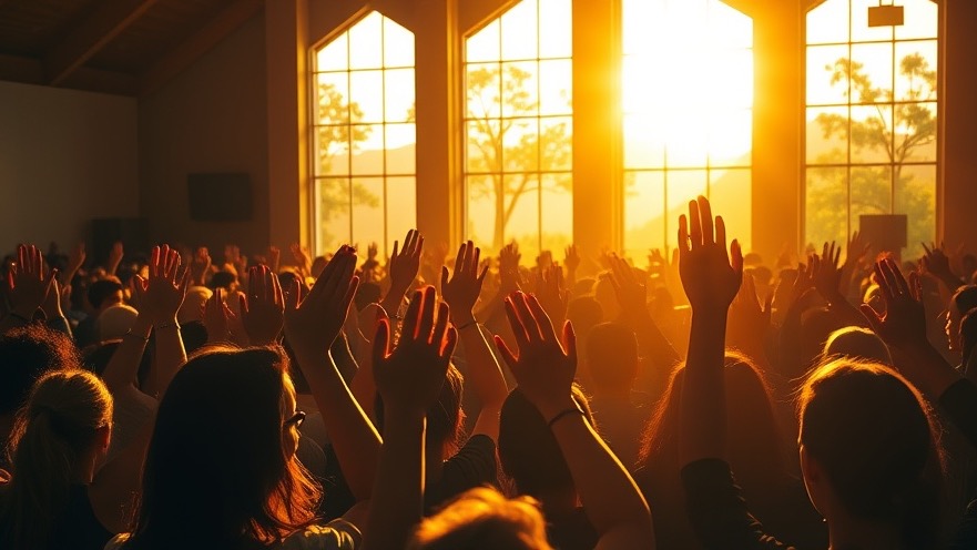Vibrant church scene with diverse congregation in prayer, reflecting James Goll's miracles and healings.