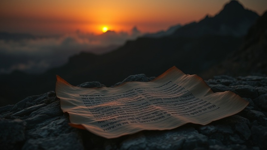 Dim sunset over rocky mountainside reveals an ancient Hebrew scroll, symbolizing spiritual warfare.