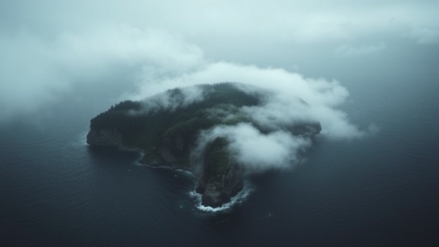 Aerial view of an eerie island shrouded in mist, evoking themes of spiritual warfare.