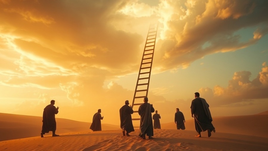 A dreamlike desert scene of prayer and biblical prophecies, inspired by James Goll.