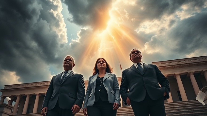 Political figures in suits expressing concern under a stormy sky, symbolizing judgment and revival.