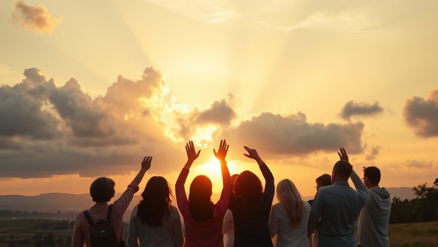 Diverse group in prayer at sunrise, embodying intercessory prayer and compassion in action.