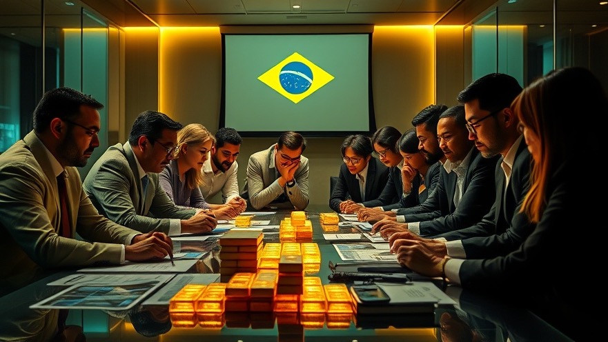 Diverse professionals discuss the U.S. dollar decline at the BRICS summit with gold currency.