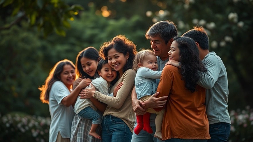 Heartwarming scene of diverse families embracing adopted children in a sunlit park.