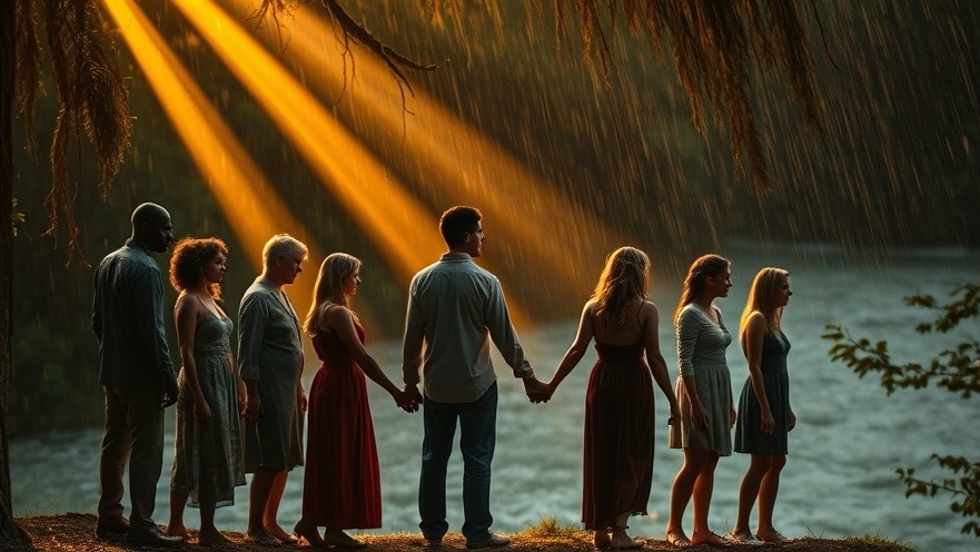 Unified prayer during tragedy as a diverse group faces surging floodwaters.