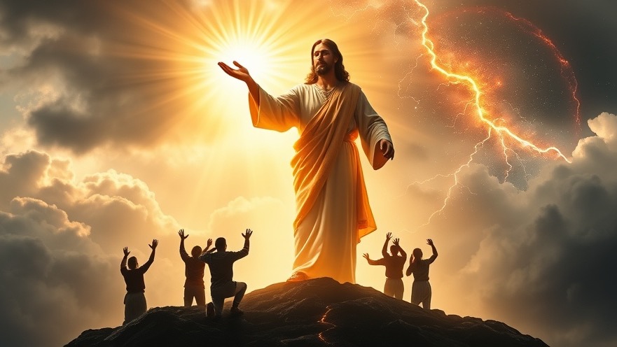 Jesus on a mountaintop, radiating power and prophetic insights amidst stormy clouds.