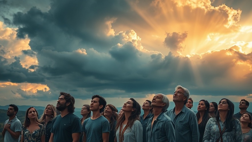Diverse group in faith admires dramatic skies, embodying weather modification technology and spiritual warfare.
