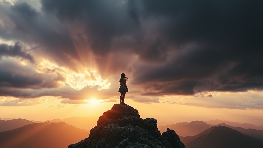 A girl on a mountain peak at sunrise, symbolizing transformation in spiritual warfare.