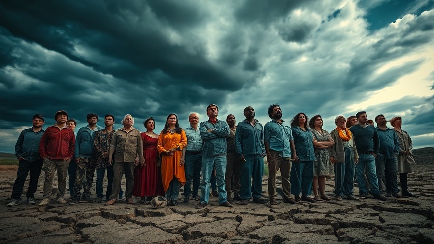 Diverse individuals unite on cracked earth, embodying resilience amid Christian persecution and hope.