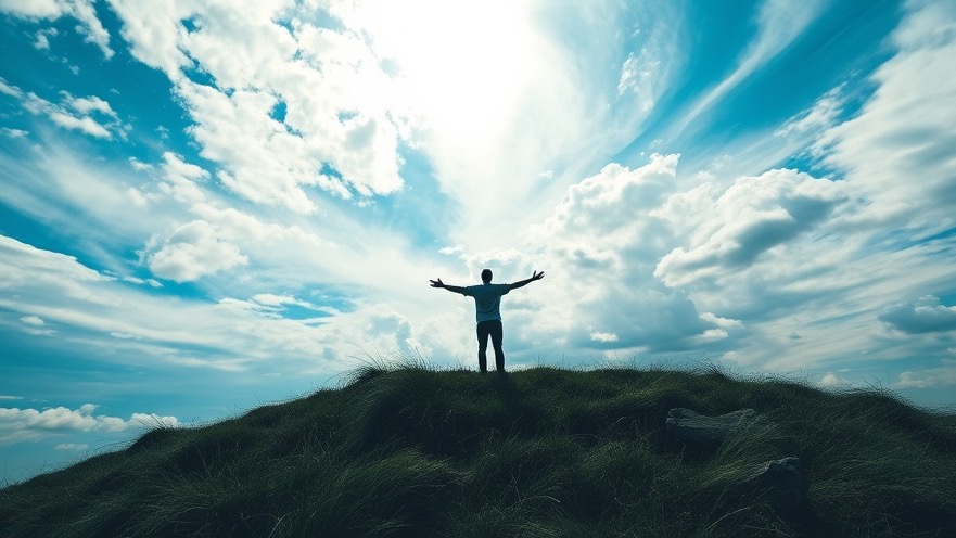 A figure in charismatic faith experiences spiritual awakening under a vibrant sky.