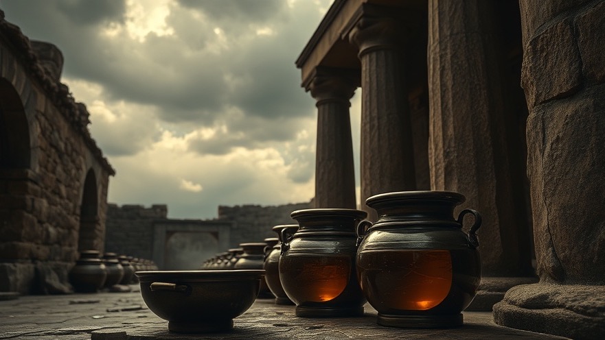 Cinematic scene of ancient anointing pots symbolizing James Goll's spiritual empowerment.
