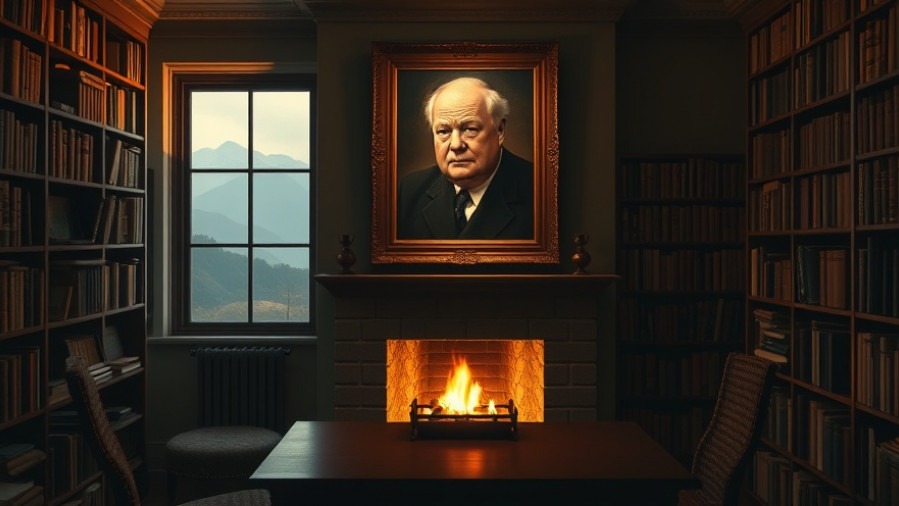 Winston Churchill's portrait in a serene study, embodying parental influence and encouragement.