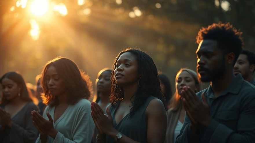 A diverse group gathering in community prayer for spiritual revival in a serene outdoor setting.