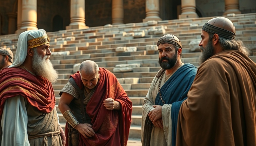 Pilate Looks for a Loophole scene with Roman and Jewish leaders.