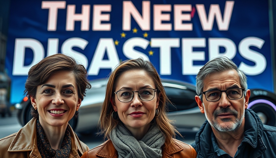 Three diverse individuals with mixed expressions in front of 'The New Disasters' text, EU flag, futuristic vehicle.
