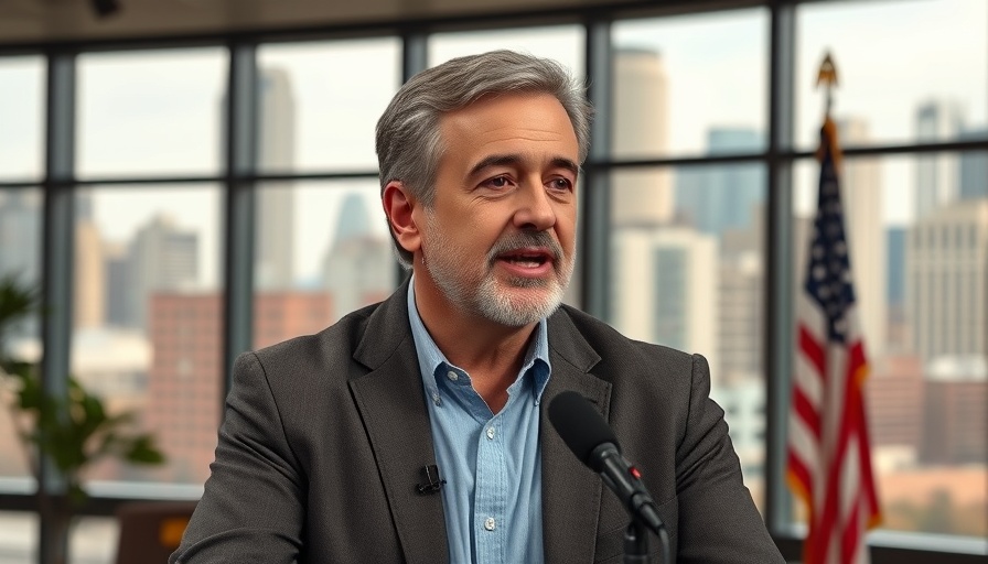 Talk show host speaking in a studio with cityscape background.