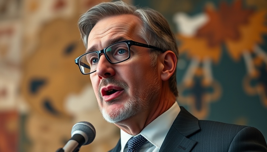 Mature man delivering speech in front of abstract painting, Pilate's context.