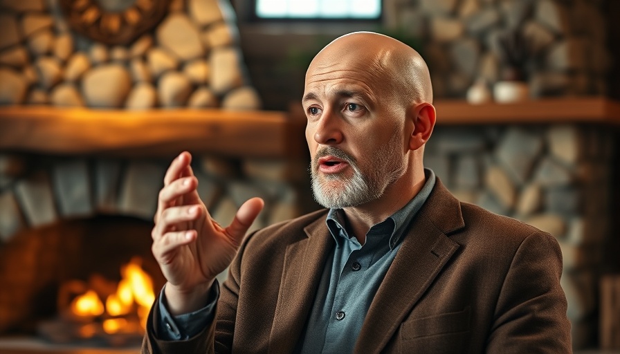 Bald man gesturing while speaking in a cozy room with a fireplace.