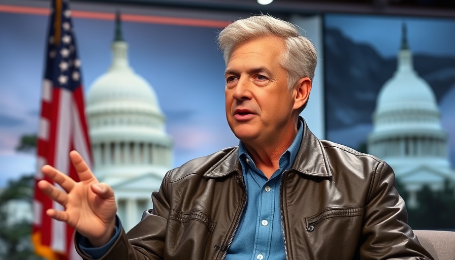 Middle-aged man speaking on talk show, Trump's Tariff Strategy backdrop.
