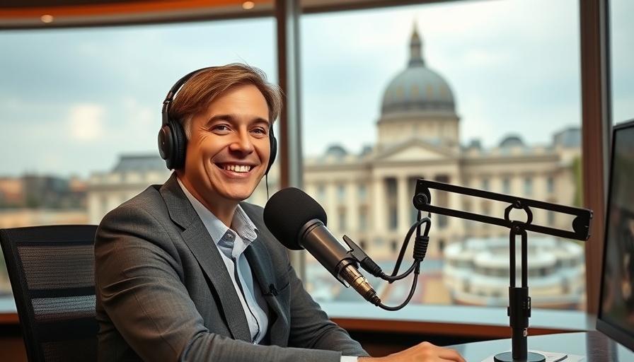 Host in studio smiling while speaking, focused on expression.