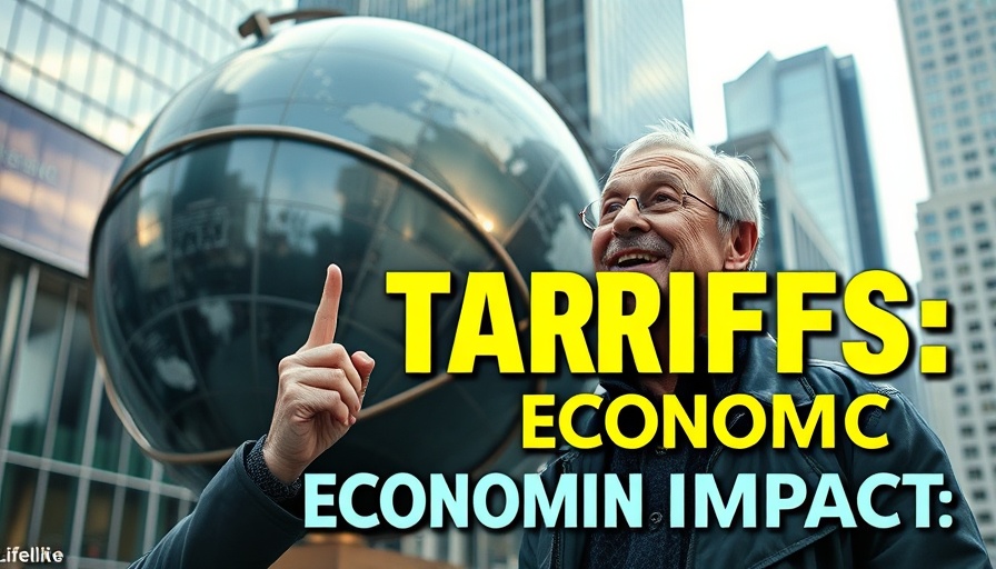 Smiling man by globe sculpture with tariffs impact text, city backdrop.