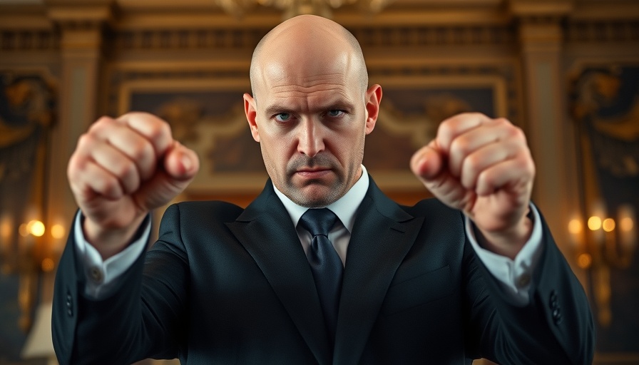 Bald man in suit looking determined, fists raised indoors.