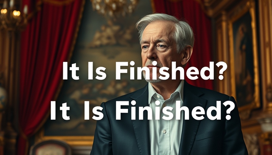 Elderly man with 'It Is Finished' text, ornate background.