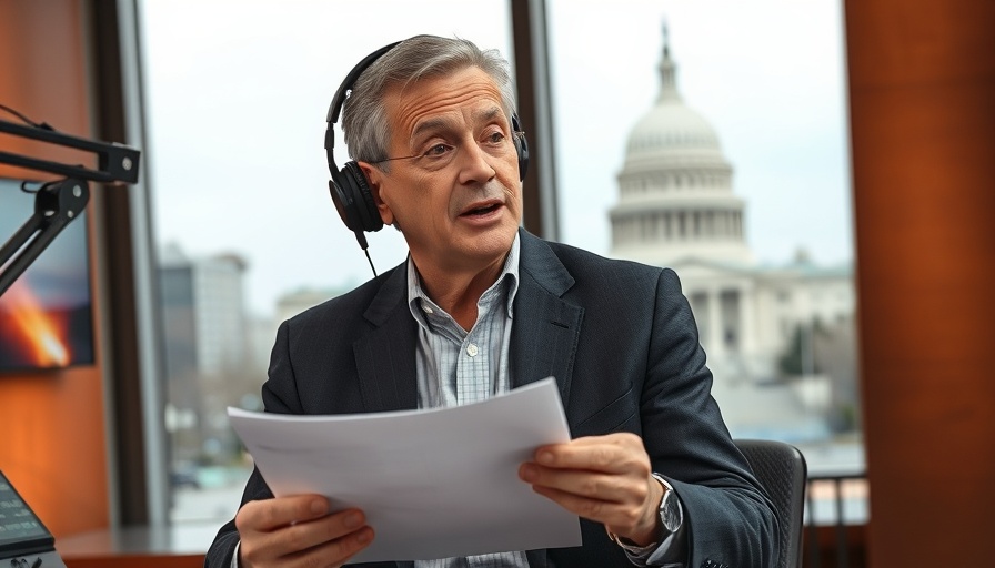 Focused man on radio show with US Capitol backdrop.
