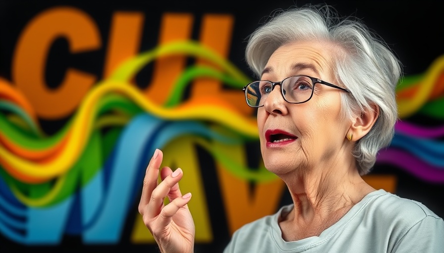Patricia King speaking with dynamic wave background.