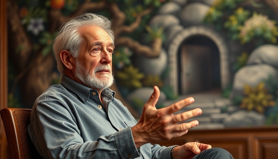 Elderly man lectures in front of vibrant tomb mural.