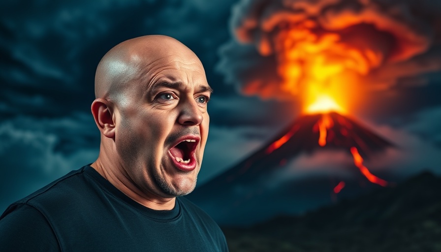 Joseph Z passionately speaking in front of erupting volcano background.