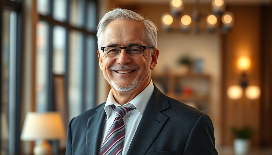 Middle-aged man being led by the spirit, smiling indoors.