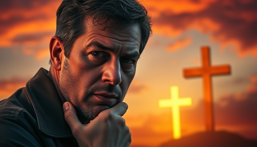 Understanding God's Voice: Thoughtful man with fiery cross backdrop.