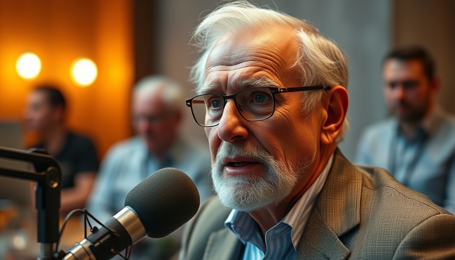 Older man on podcast discussing business leaders, warm ambiance.