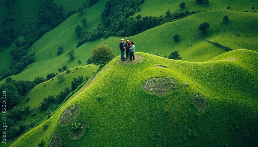 Aerial view of people conversing on a hillside.