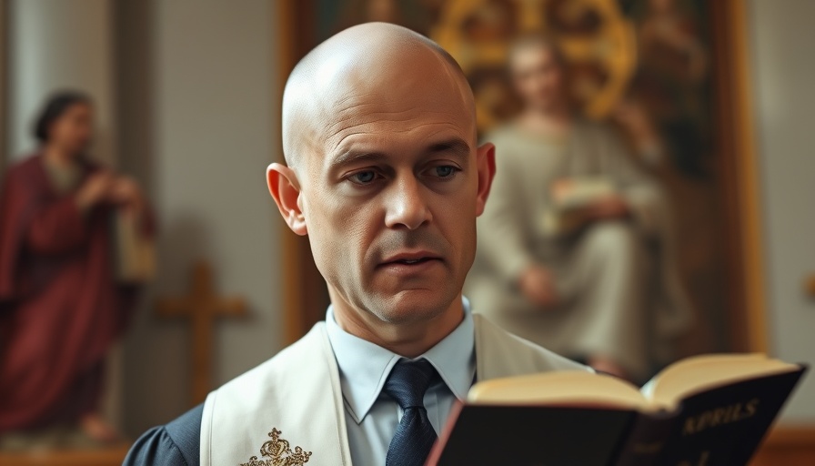 Bald man discussing religious topics, soft lighting, blurred background.
