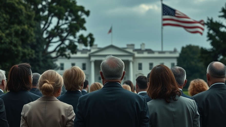 A diverse group in governmental attire expresses hope and determination near the White House, symbolizing revival in America.