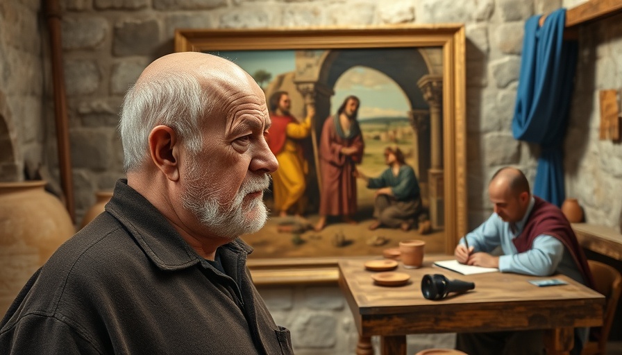What Would Jesus Do? Elderly man in front of biblical scene painting.