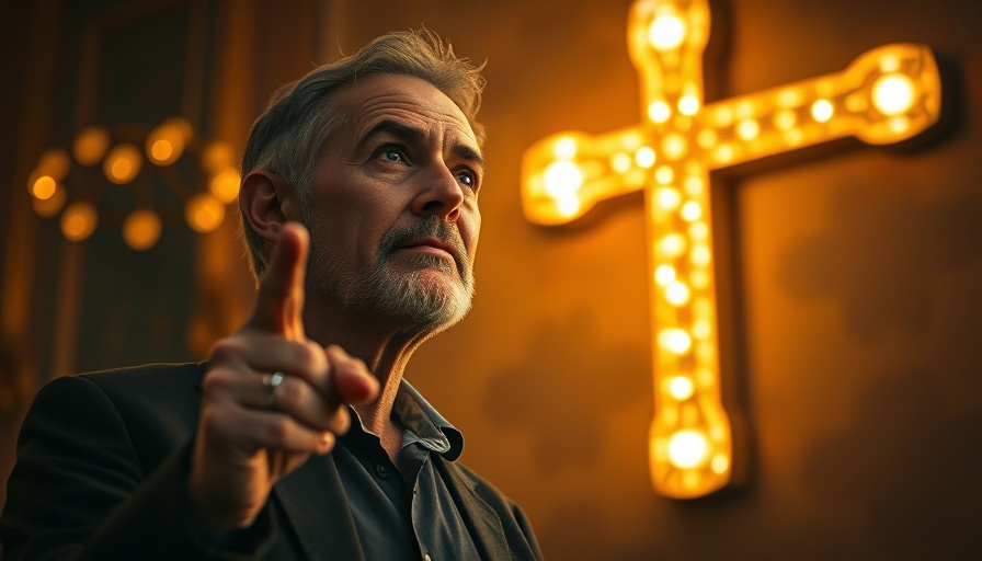 Body Spirit Victory: Thoughtful man beside glowing cross.