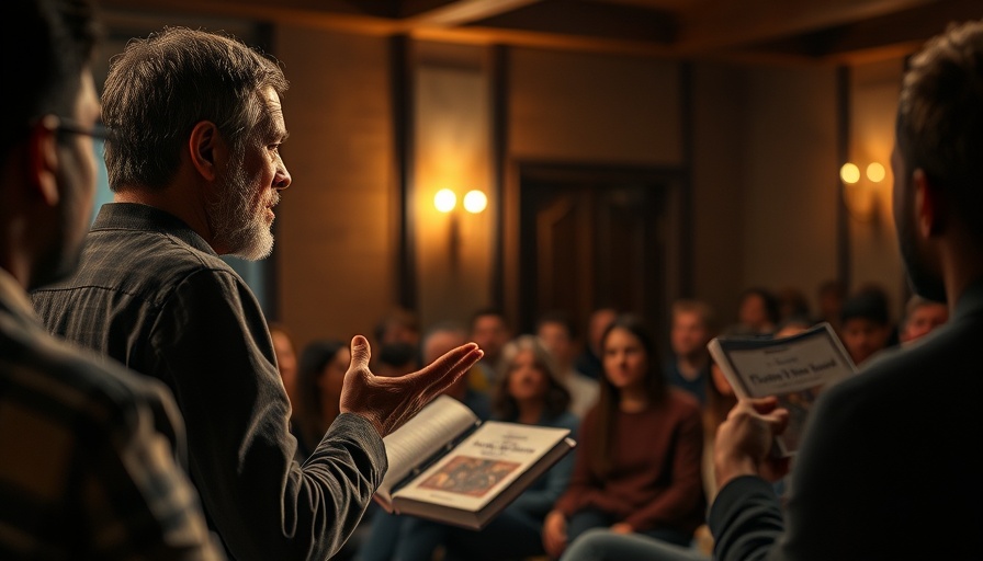 Speaker presents on Red Church movement in a dimly lit room with books.