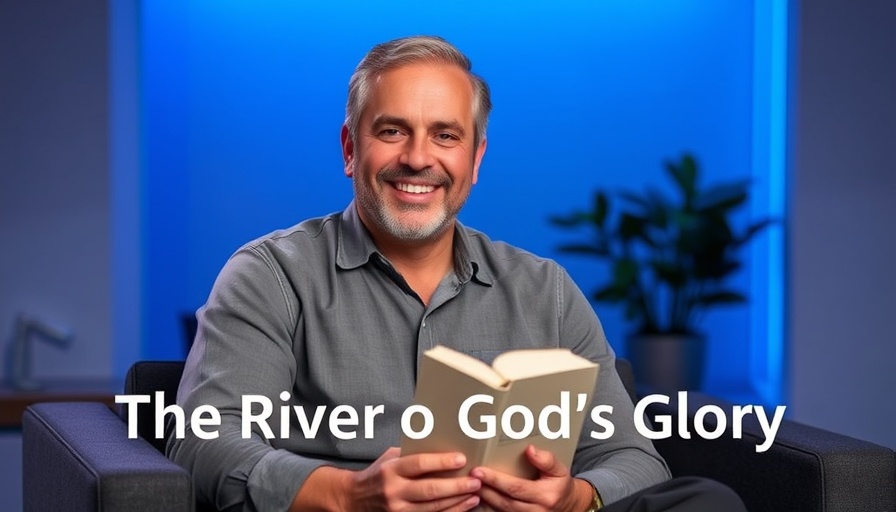 Mature man smiling in modern studio with text 'The River of God's Glory'.