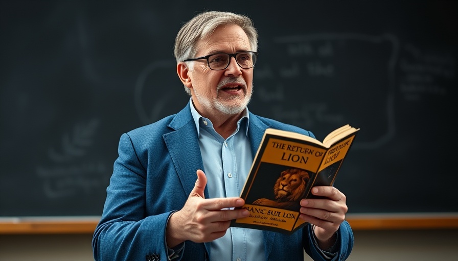 Mature man discussing 'Revival vs. Reformation' with a book in a studio.