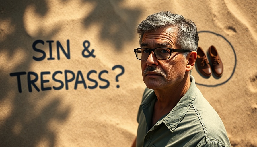 Thoughtful man with 'SIN & TRESPASS?' text on sandy background.