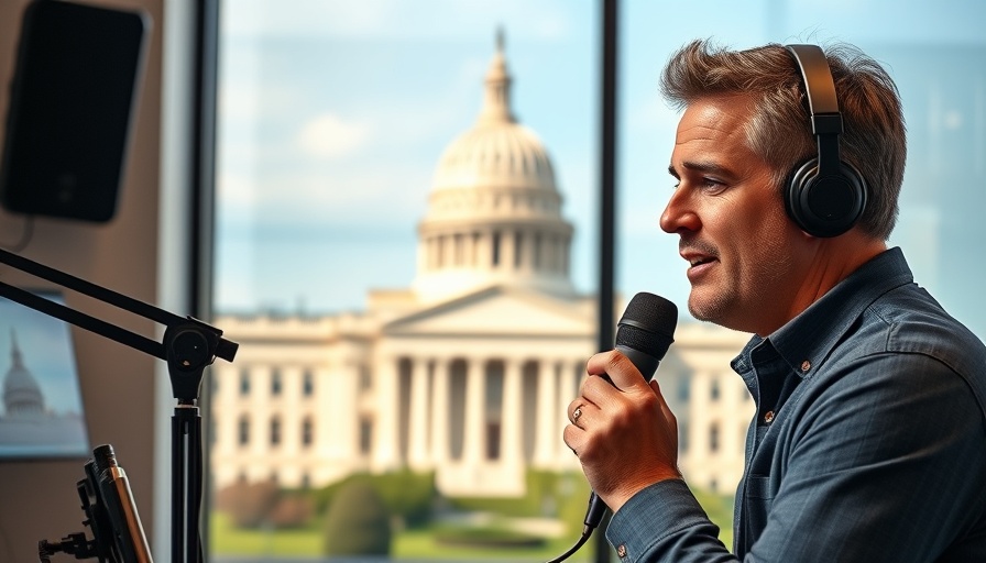 Podcast host speaking into a microphone in front of a government building.