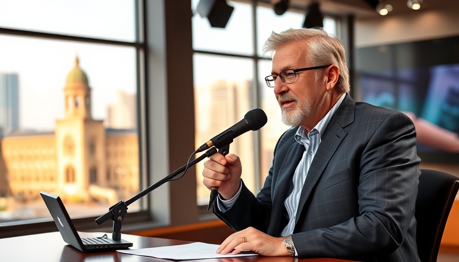 Mature host on a talk show speaking into a microphone.