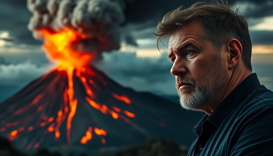 Volcano eruption background with contemplative speaker.