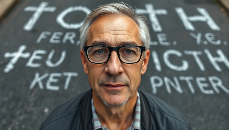 Mature man discussing God's requirement for repentance on chalk-drawn background.