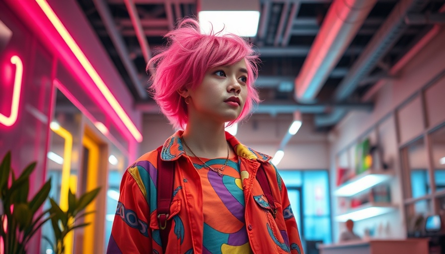 Colorful individual in vibrant outfit depicting unique style in modern setting.