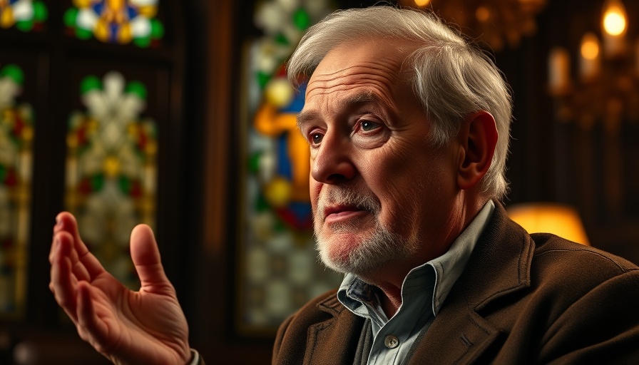Elderly man discussing in front of stained glass backdrop.